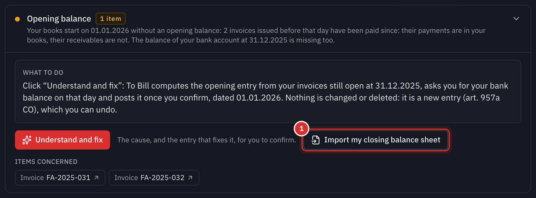 The Opening balance point in the health of the books: two 2025 invoices paid in January, the Understand and fix button and the Import my closing balance sheet button.