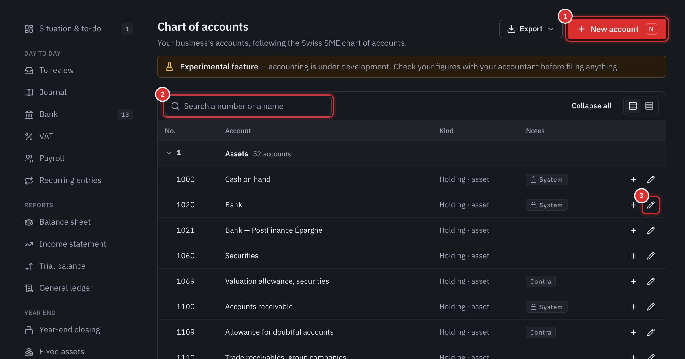 The chart of accounts: the class 1 accounts with their kind and notes, the New account button and the search.