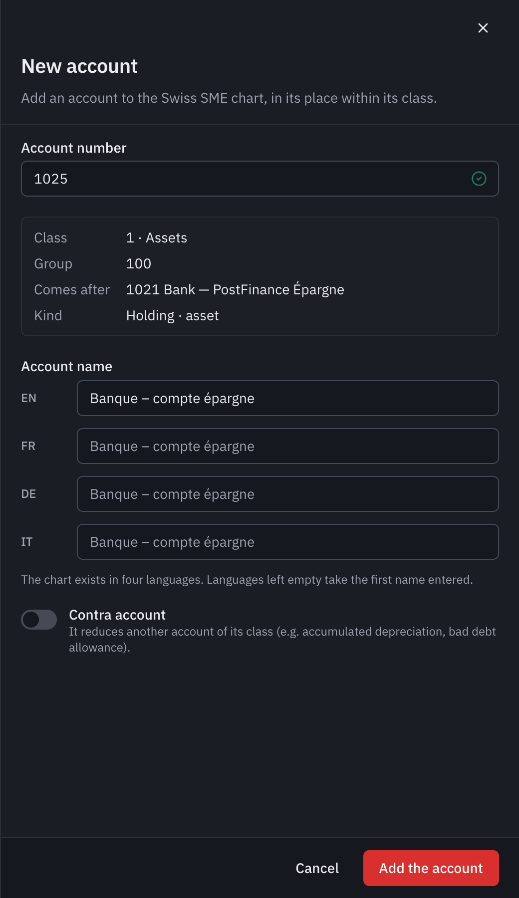 The New account window: number 1025, its place after 1020 Bank, and the name Bank – savings account.