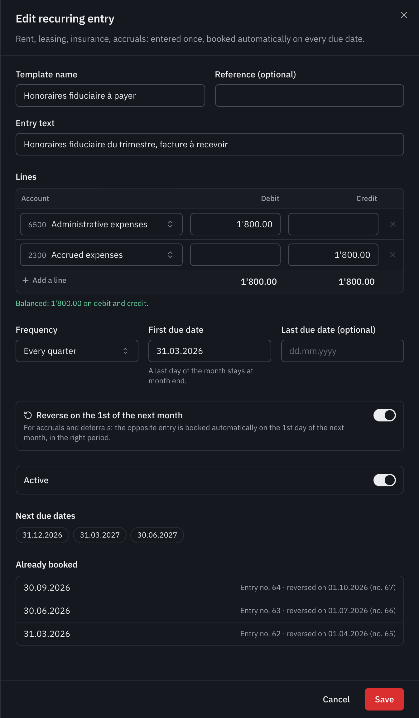 The recurring entry Fiduciary fees to pay: 6500 debited, 2300 Accrued expenses credited, every quarter, with the reversal on the 1st of the next month and the entries already booked.