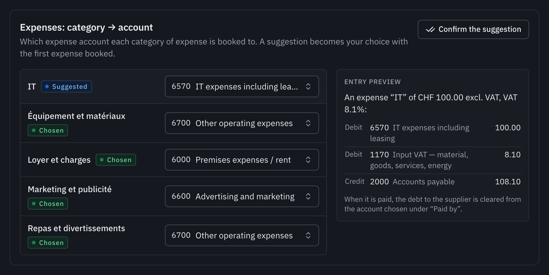 The Expenses: category to account card, with the IT category suggested on account 6570 and the entry preview.
