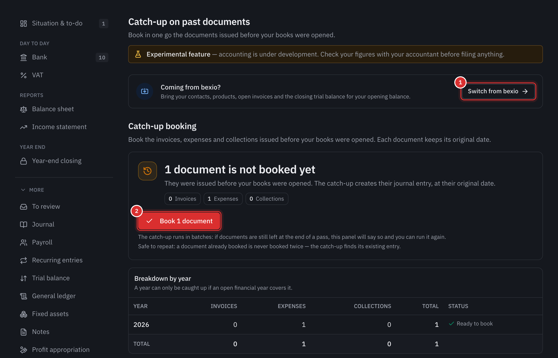The Catch-up on past documents page: the Switch from bexio link, one document not yet posted, the Post 1 document button and the breakdown by year.