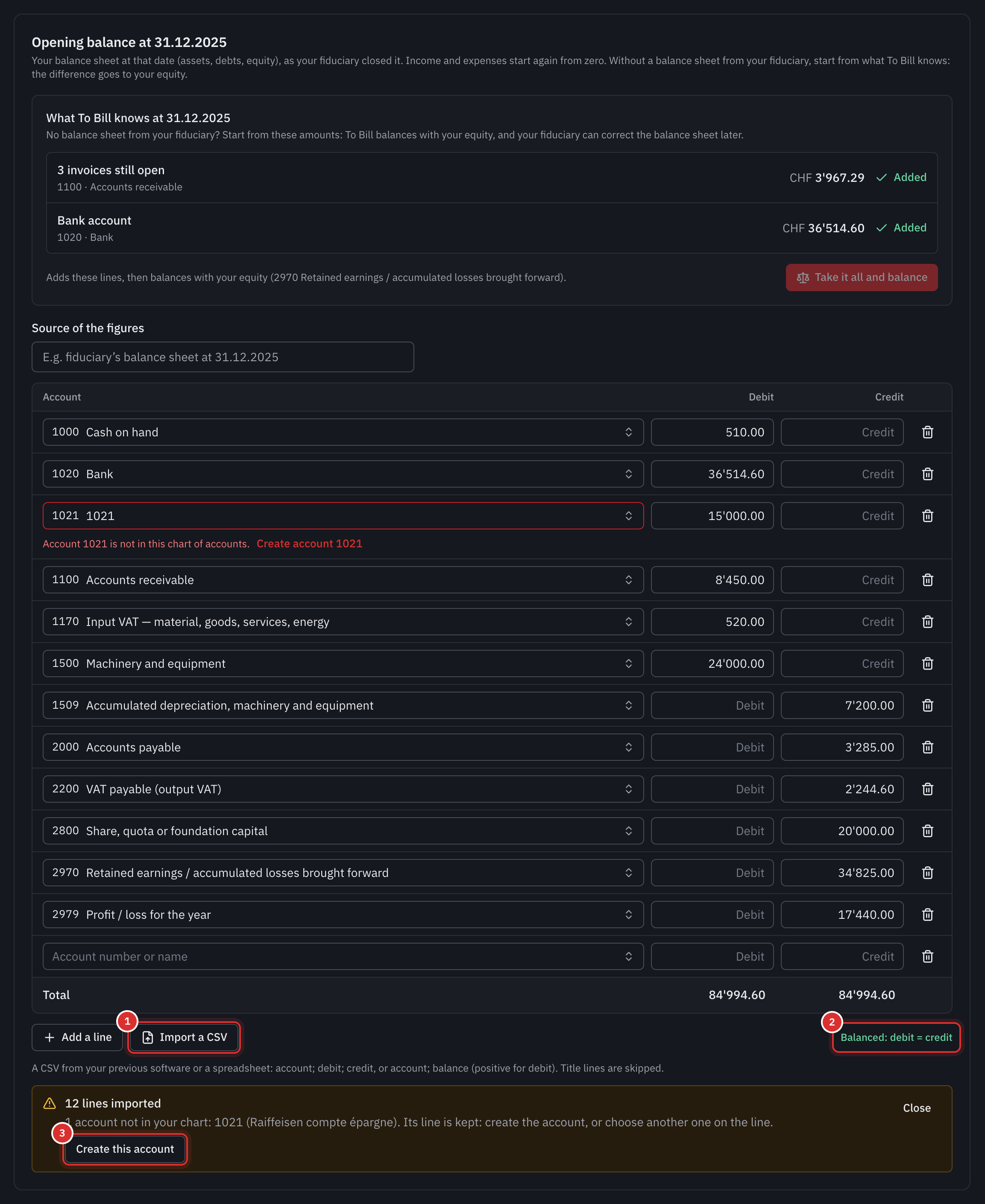 The imported opening balance sheet: one line per account, balanced, the line of account 1021 flagged as missing from the chart of accounts, and the message with the Create this account button.
