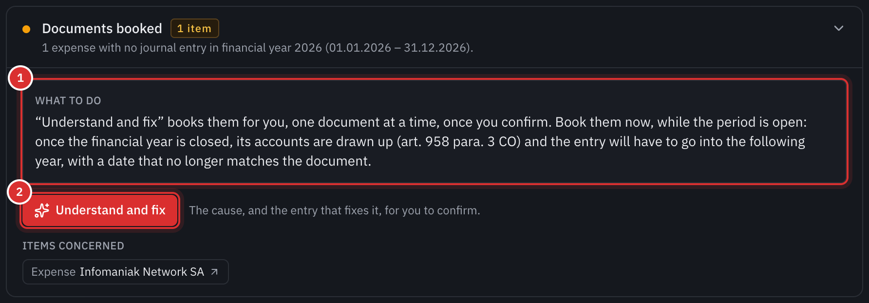 A point to check: an expense without an entry in the journal, what to do, and the expense concerned.