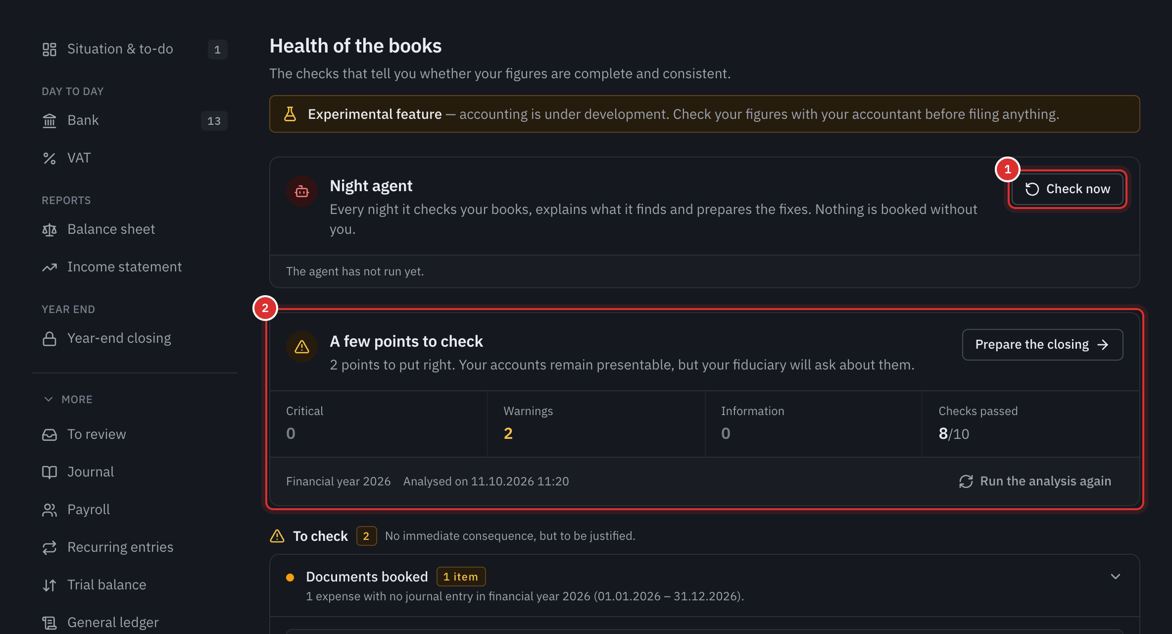 The Health of the books page: the night agent with Check now, then the diagnosis A few points to check with its counters.