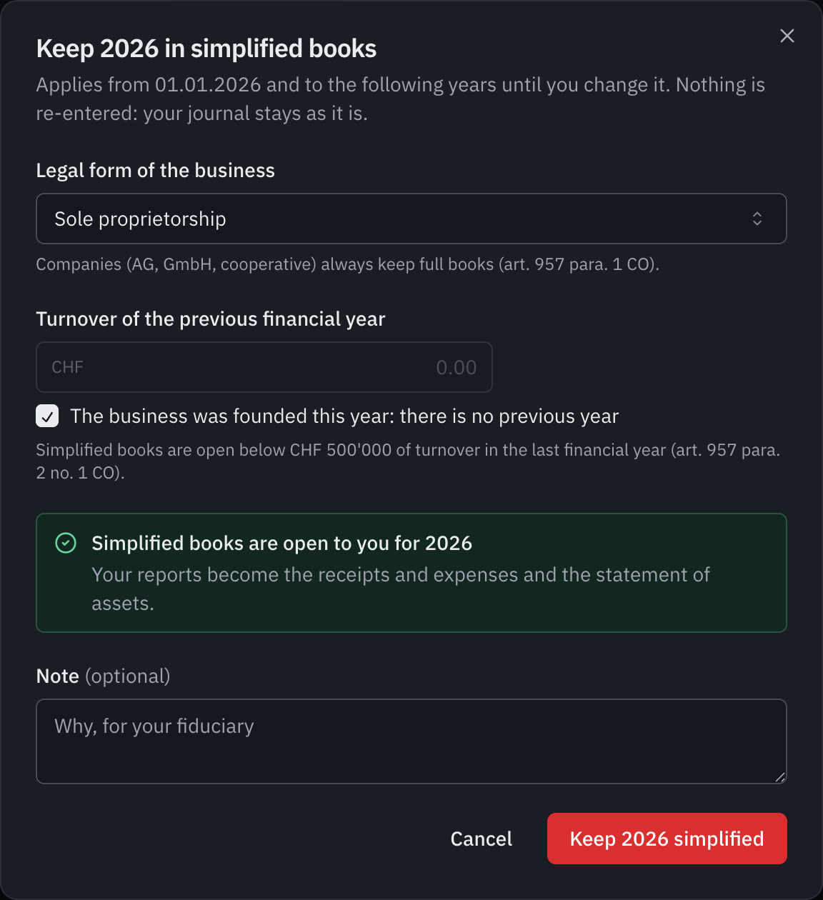 The Keep 2026 in simplified books window: a sole proprietorship founded this year, and the message Simplified books are open to you for 2026.