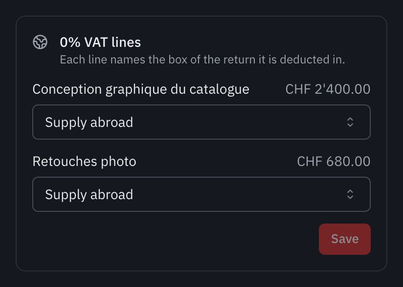 The 0% VAT lines panel of an invoice to a client in Germany: both lines classified as Supply abroad.