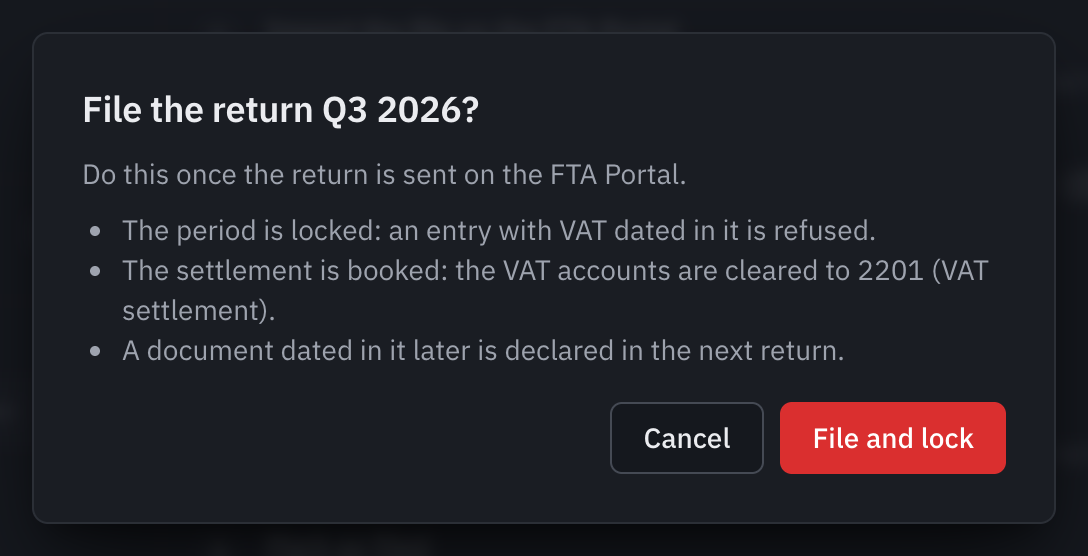 The File the Q3 2026 return? window: the period is locked, the settlement is posted, a late document goes into the next return.
