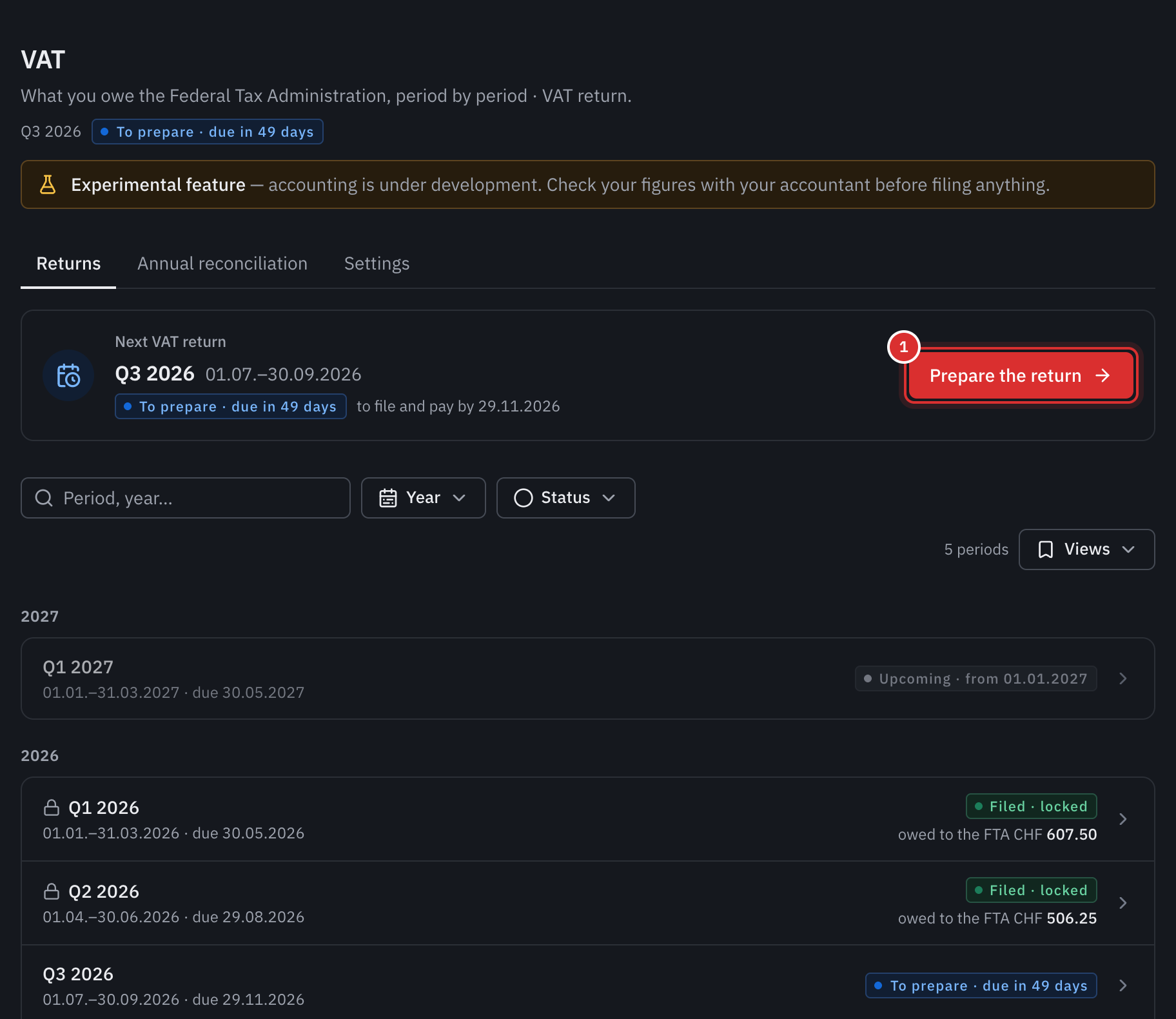 The Returns tab: the next return, Q3 2026, with the Prepare the return button, then the list of periods with their status.