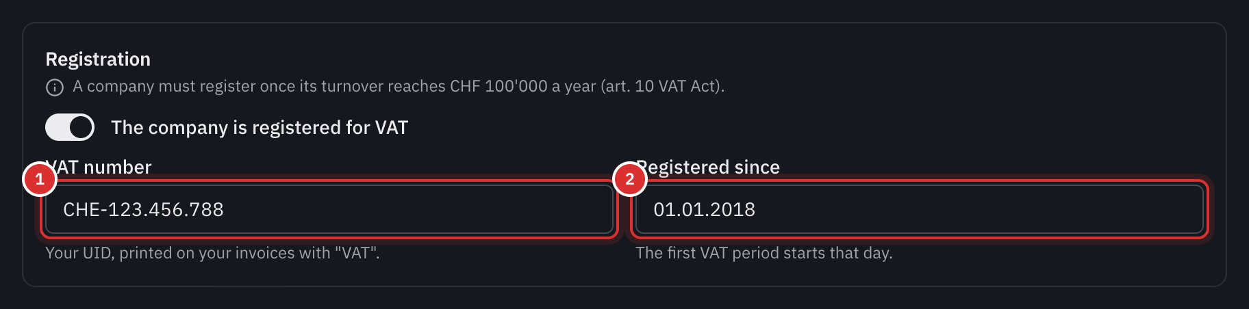 The Registration card: The company is registered for VAT switch, the VAT number and the registration date.