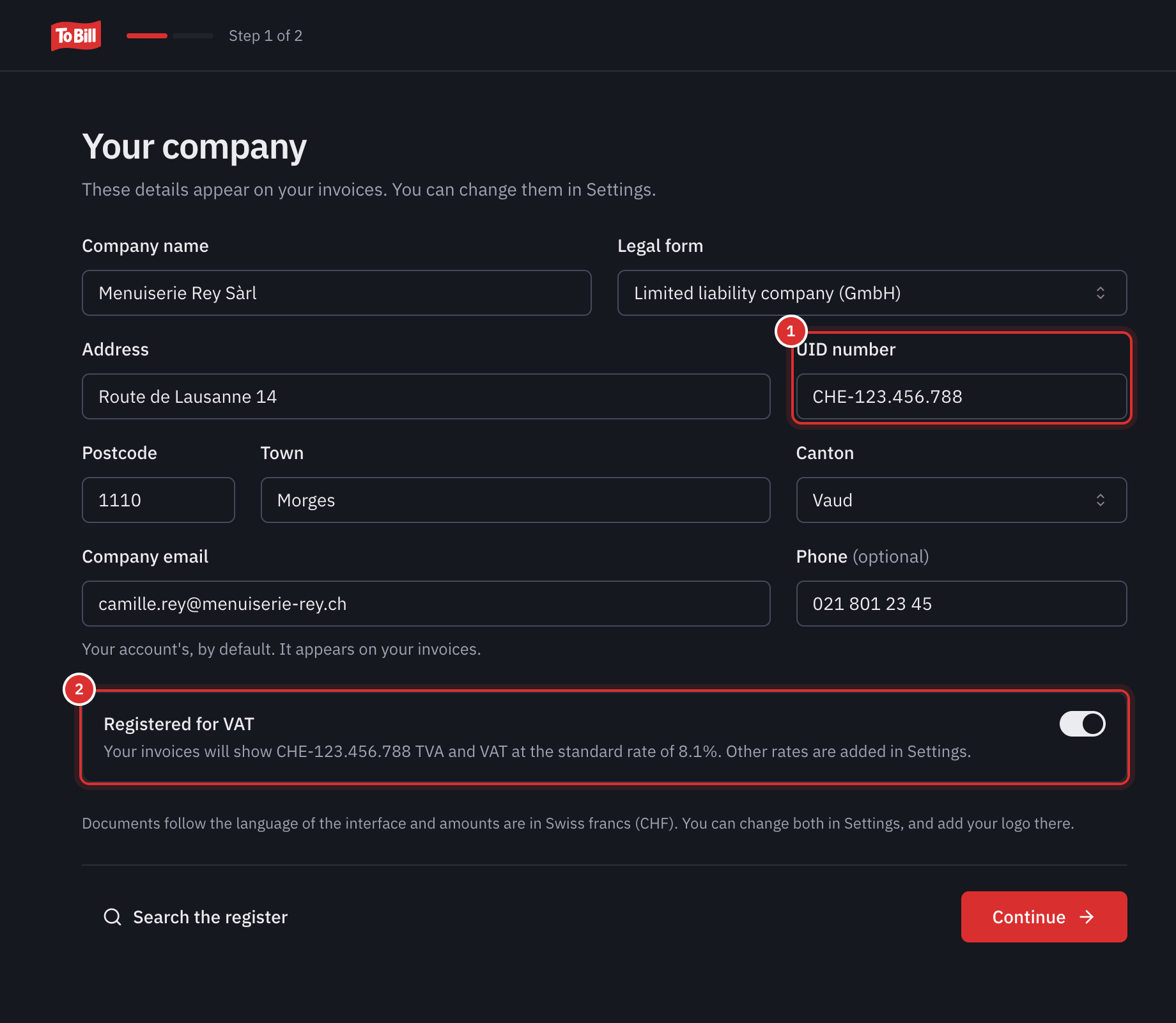 The Your company screen filled in by hand: name, GmbH legal form, address, UID number, postcode, town, canton of Vaud, email, phone and the Registered for VAT switch turned on.