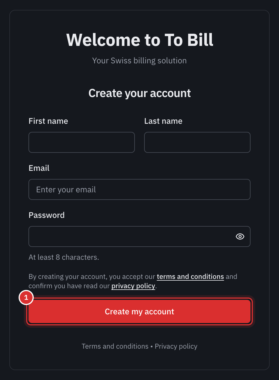 The Create your account form: first name, last name, email, password, the sentence about the terms and conditions and the Create an account button.