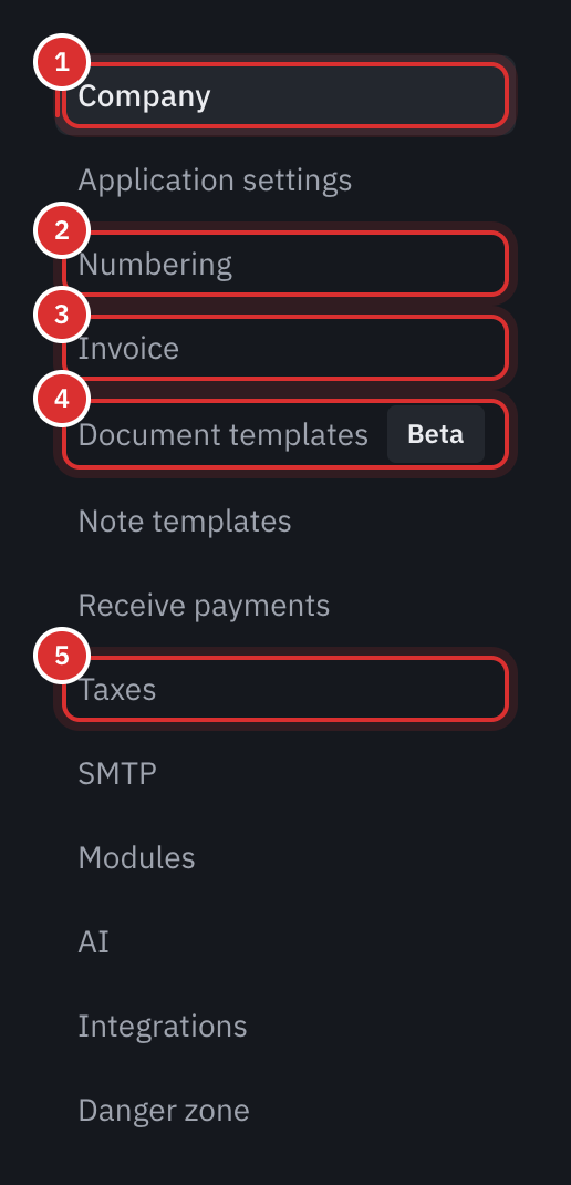 The settings menu, with Company, Numbering, Invoice, Document Templates and Taxes highlighted.