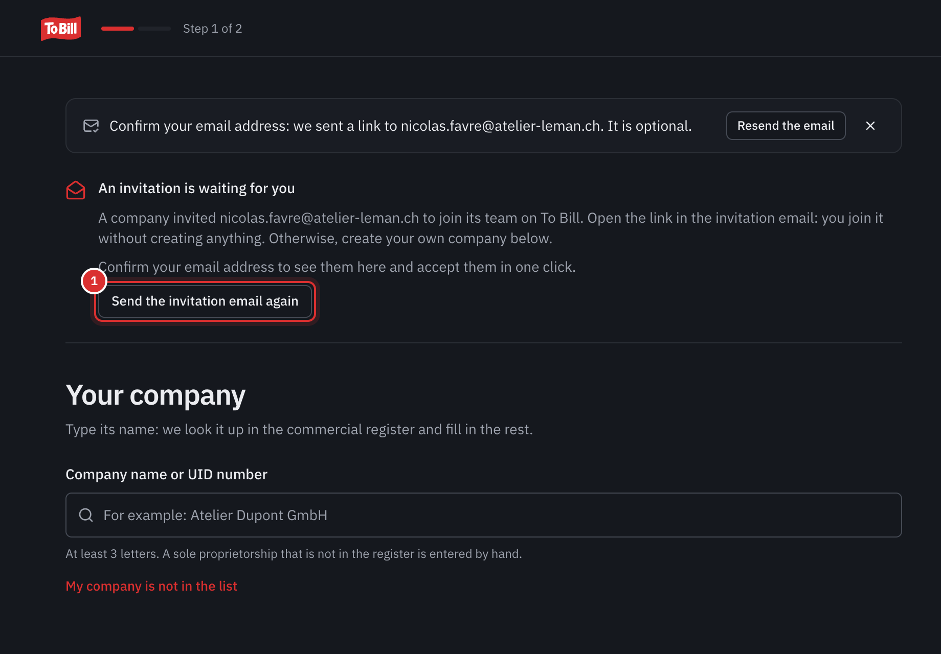 The Your company screen of an account just created: the reminder Confirm your email address, then An invitation is waiting for you, with the sentence about confirming the address and the Send the invitation e-mail again button.