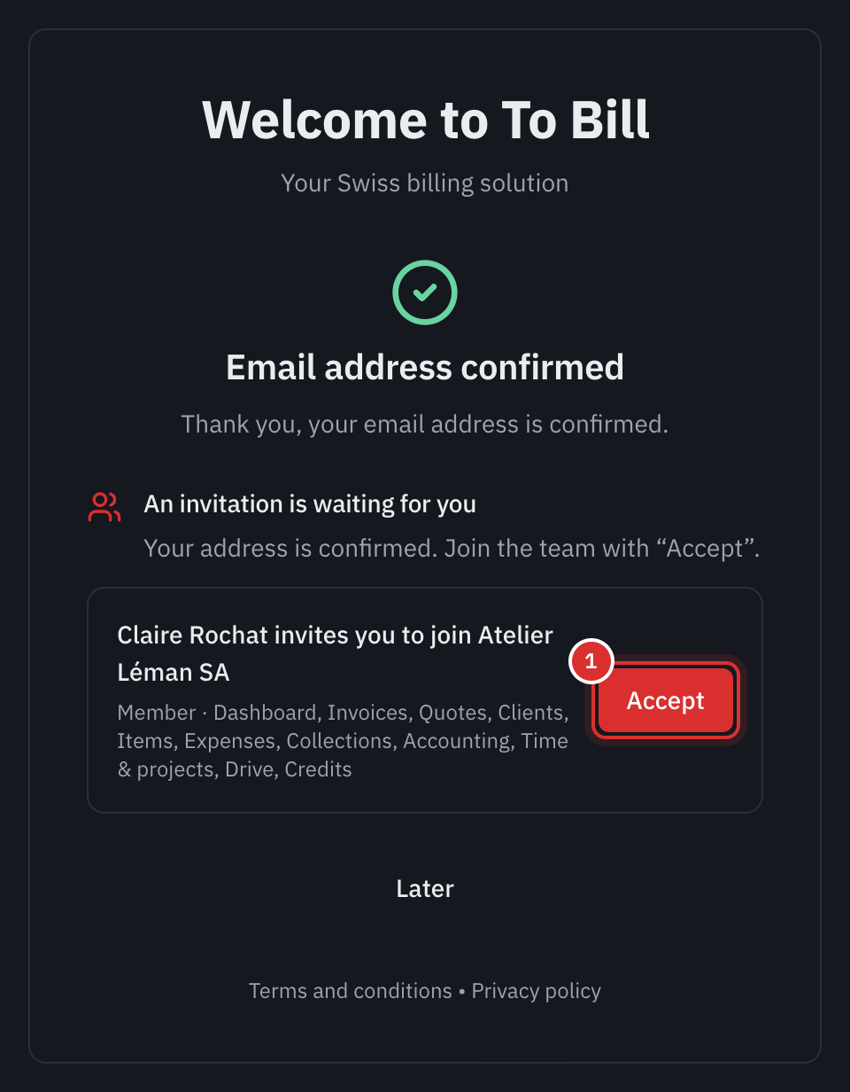 The Email address confirmed page: An invitation is waiting for you, Claire Rochat invites you to join Atelier Léman SA, the Member role and its areas, the Accept button and, under it, Later.