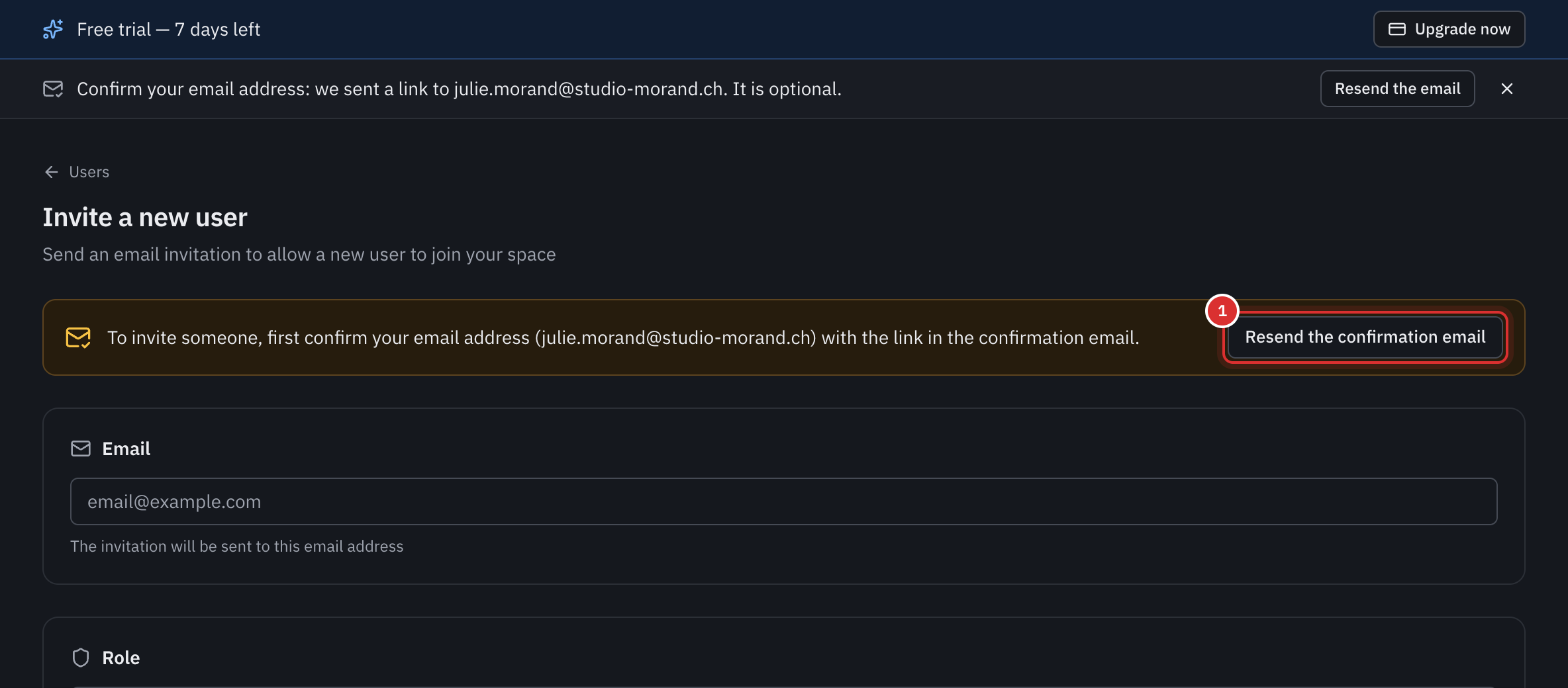 The Invite a new user page of an account whose address is not confirmed: the message To invite someone, first confirm your email address, with the Resend the confirmation email button.
