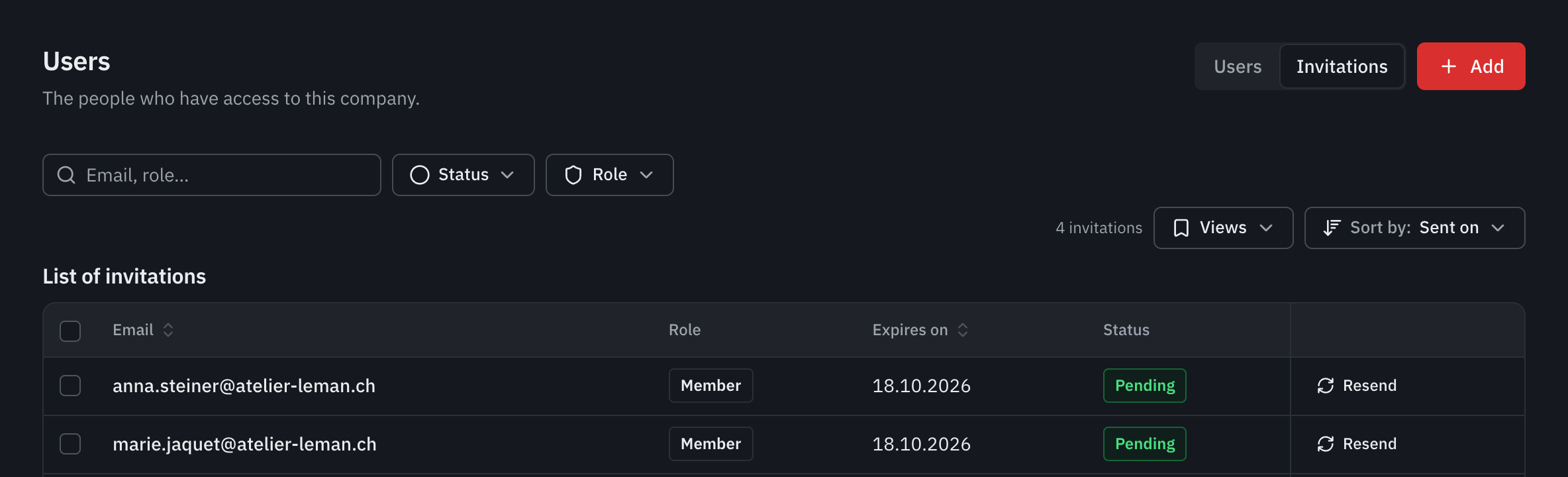 The list of invitations: the email, the Viewer role, the expiry date, the Pending status and the Resend button.