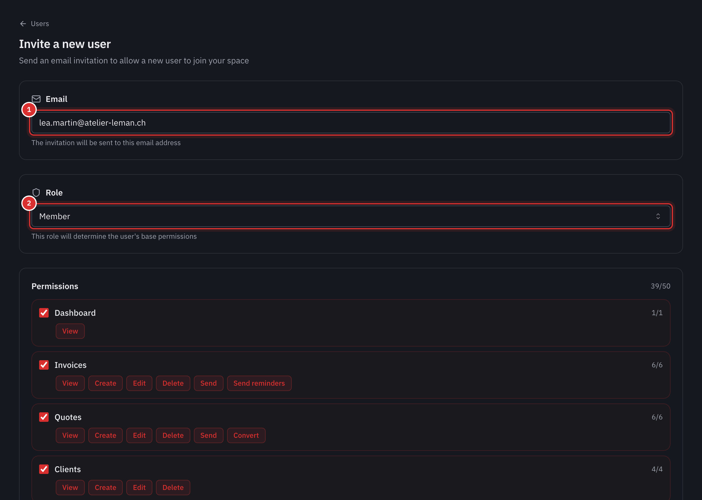 The Invite a new user page: the email, the Member role chosen and the permissions ticked by area.