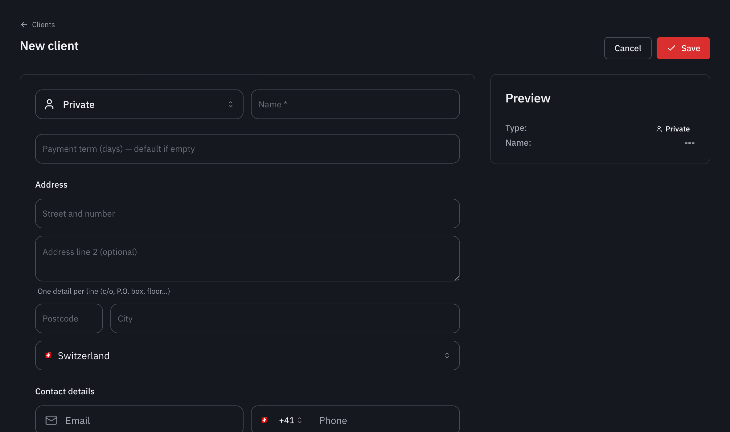 The New client form: the type, the name, the payment term, the address and the contact details, with the preview on the right.