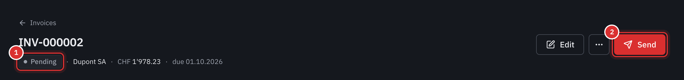 The header of an invoice’s page: its number, the Pending status, the client, the amount, and the Edit and Send buttons.