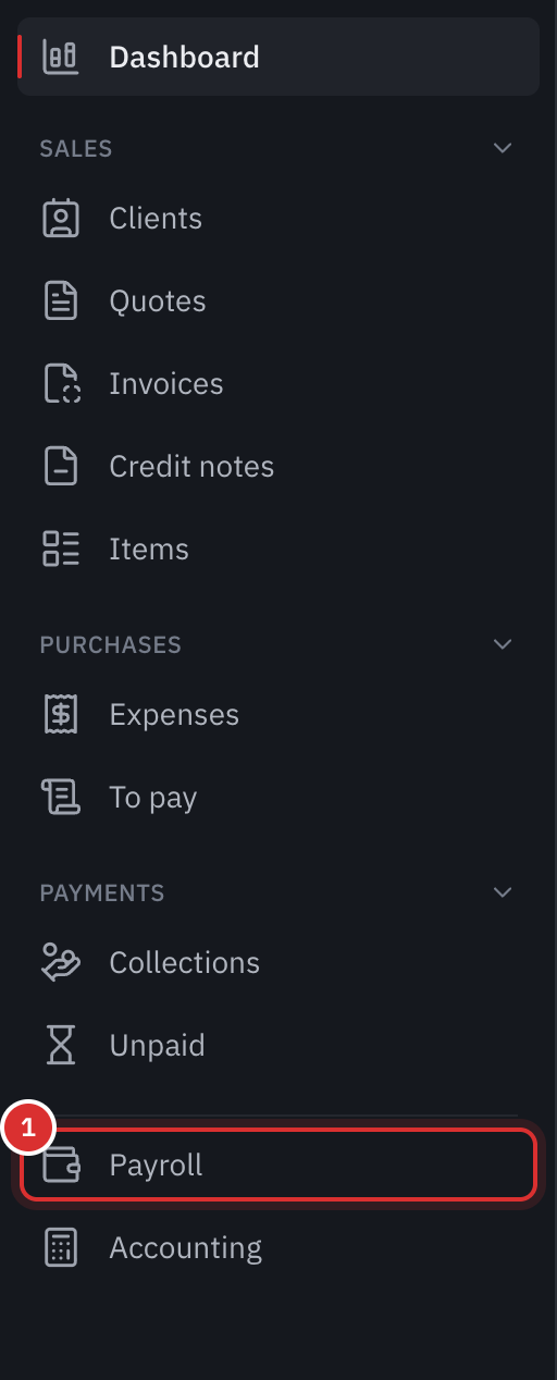 The left-hand menu: Sales, Purchases and Payments, then the new Payroll entry, before Accounting.