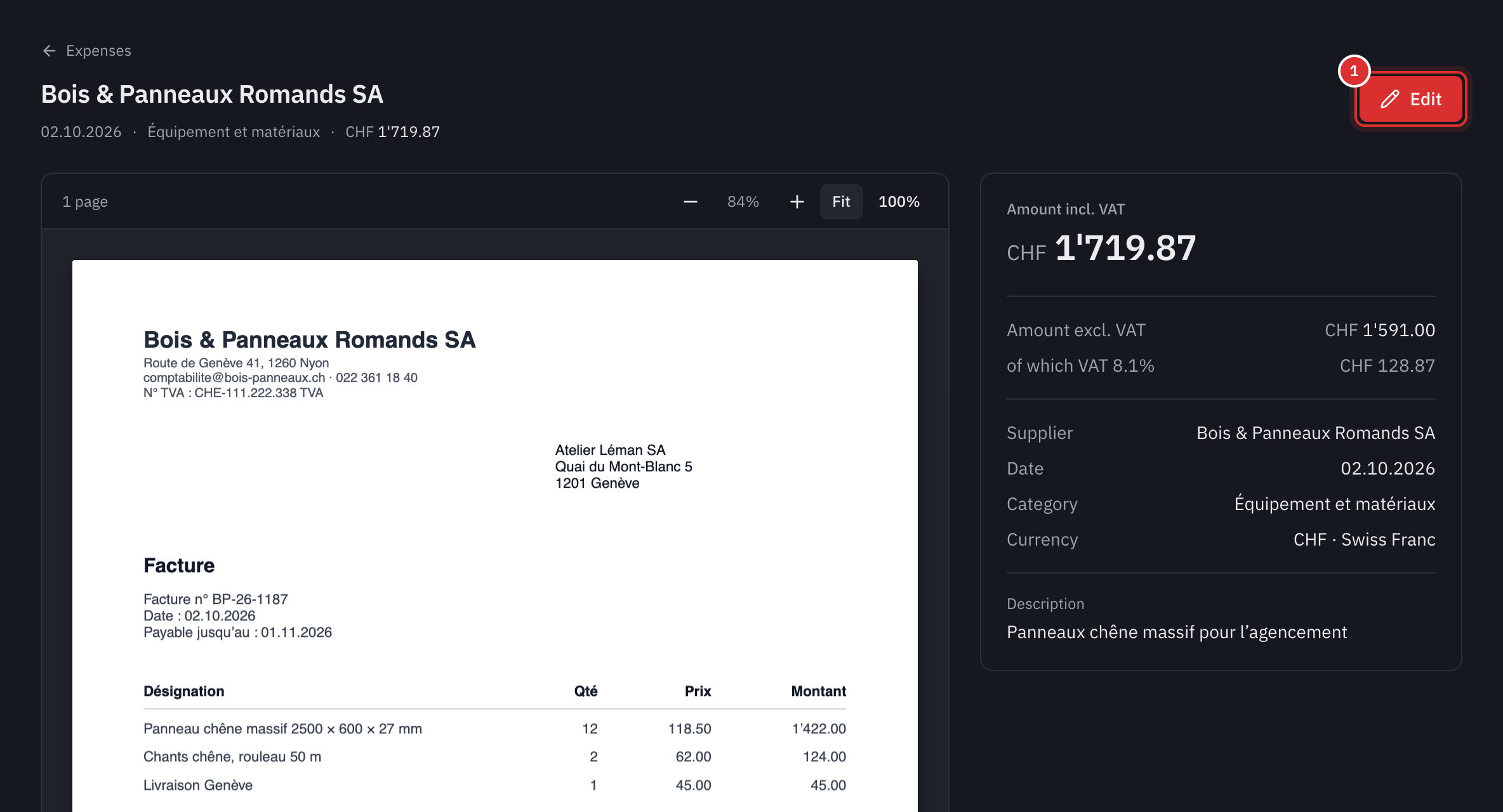 An expense’s page: the PDF receipt on the left, the amount incl. VAT, the amount excl. VAT, the VAT and the details on the right, with the Edit button.