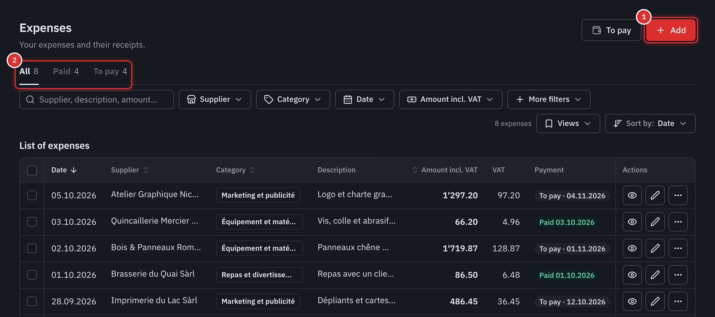 The list of expenses: the Add button, the All, Paid and To pay tabs, then the table with the supplier, the category, the amount incl. VAT, the VAT and the payment.