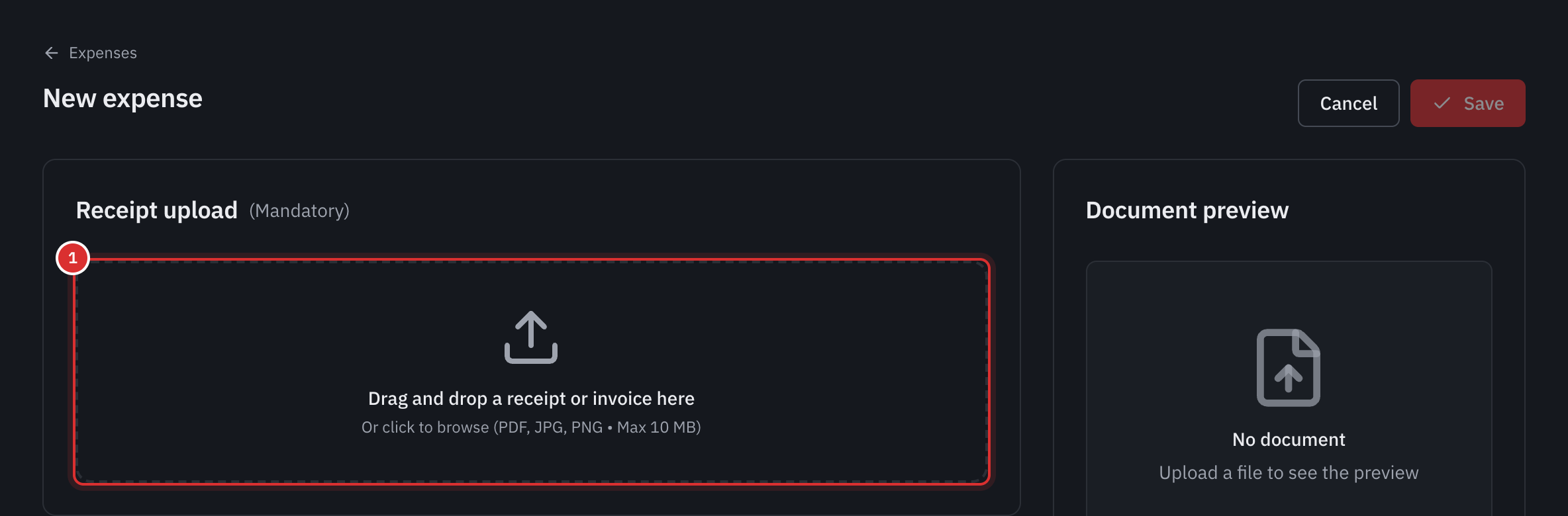 The New expense page: the Receipt upload box, marked Required, and the document preview on the right.