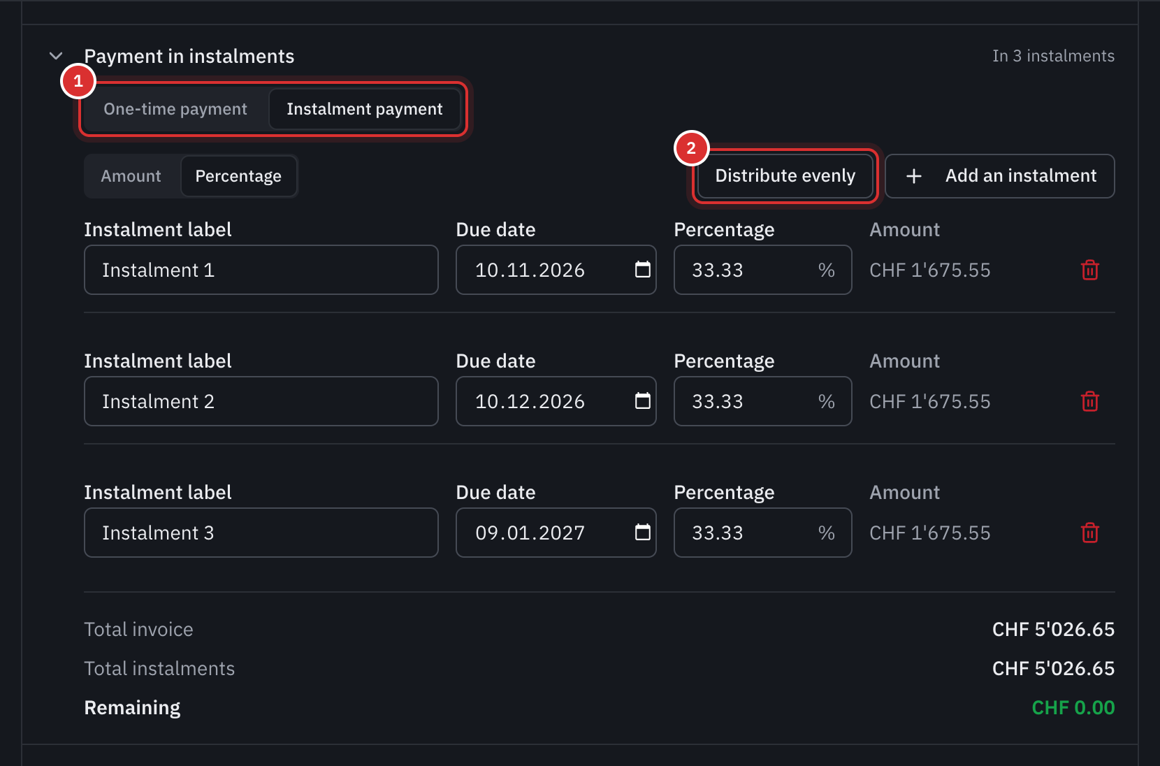 The Payment in installments option open, with Installment payment chosen: three instalments of 33.33% with their due dates and amounts, the invoice total and the remaining amount at 0.