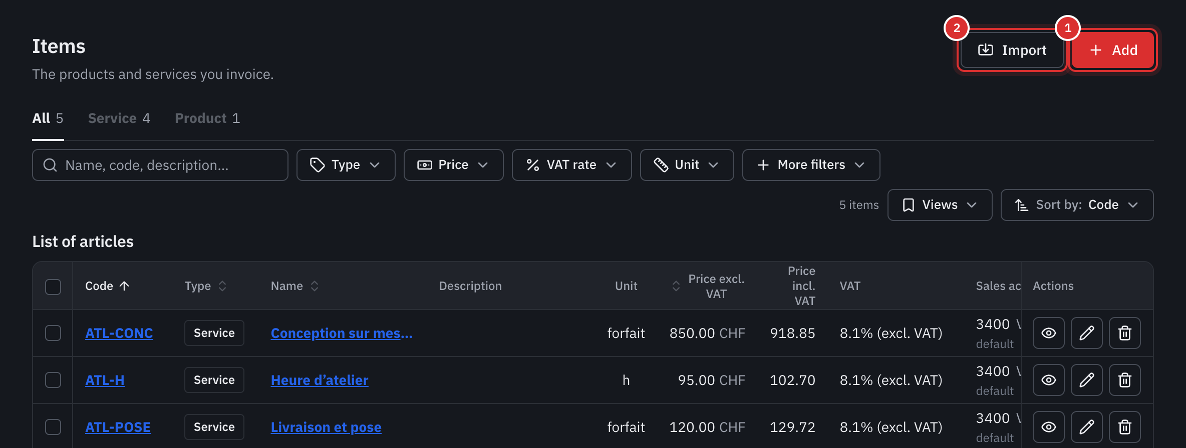 The item list with each item’s code, type, price excl. and incl. VAT, VAT and sales account.