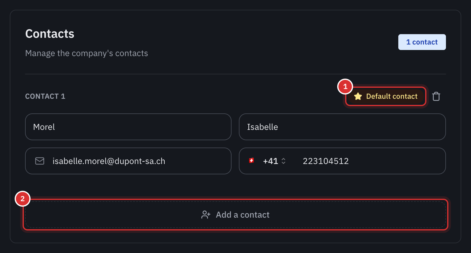 The Contacts section of a company’s record, with a default contact and the Add contact button.