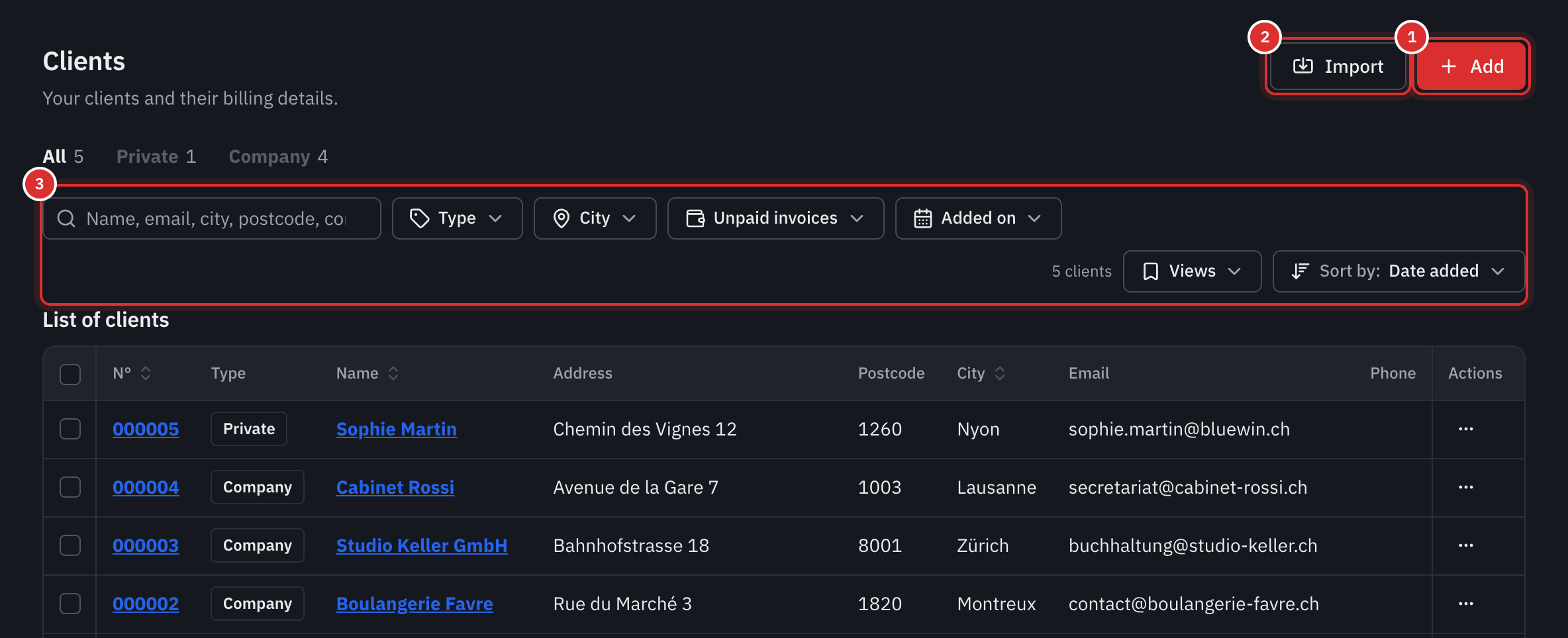 The client list: the Add and Import buttons, the All, Private and Company tabs, the search and filter bar, then the table.