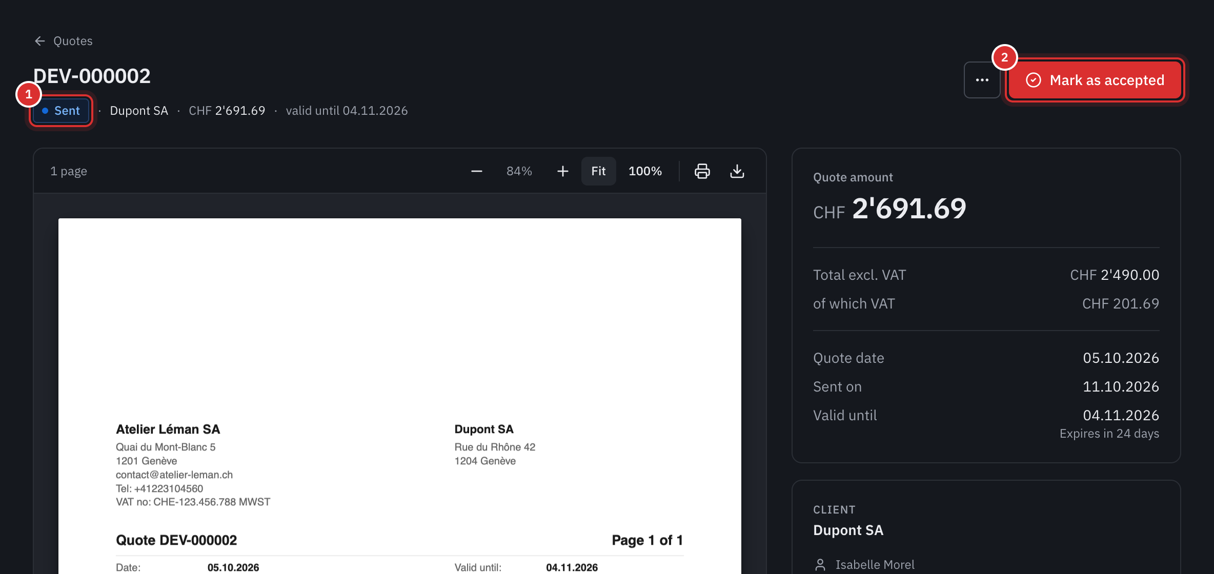 The page of a sent quote: the Sent status, the Mark as accepted button, the PDF preview and the quote’s amount.