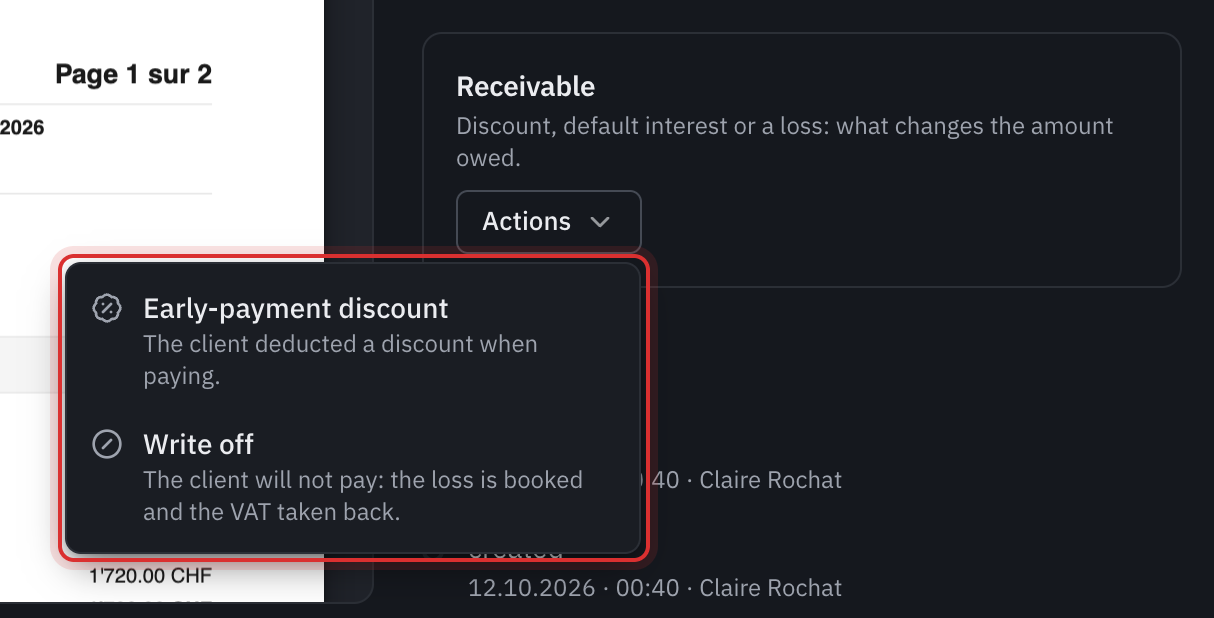 An invoice’s Receivable panel with the Actions menu open: Early-payment discount and Write off.