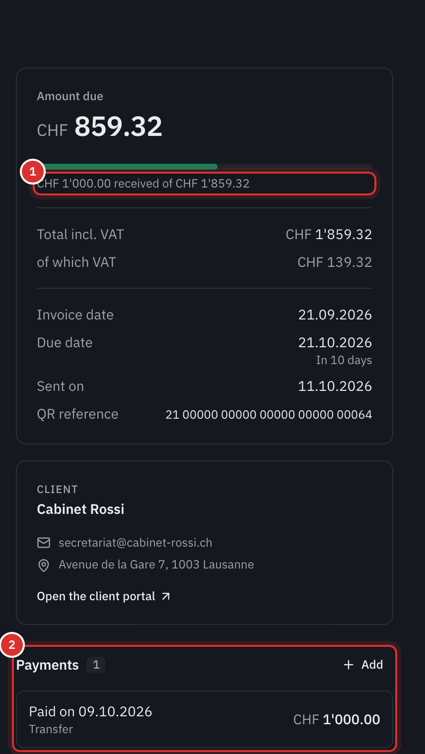 The summary of a partially paid invoice: the amount due, the progress bar CHF 1’000 received out of CHF 1’859.32, and the Payments section with the transfer received.