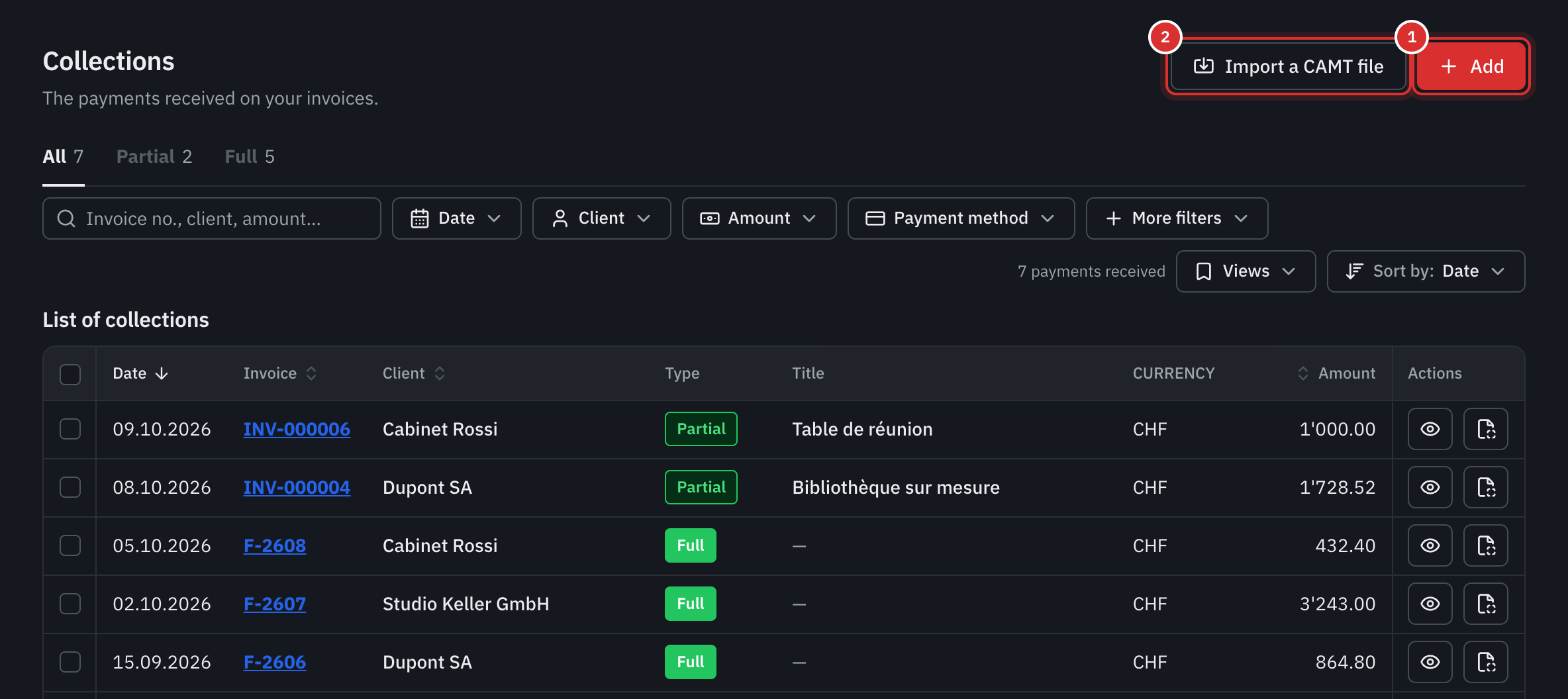 The collections list: the Add and Import a CAMT file buttons, the All, Partial and Full tabs, the filters and the table of payments.