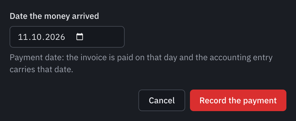 The Mark the invoice as paid window, with the date the money arrived and the Record the payment button.