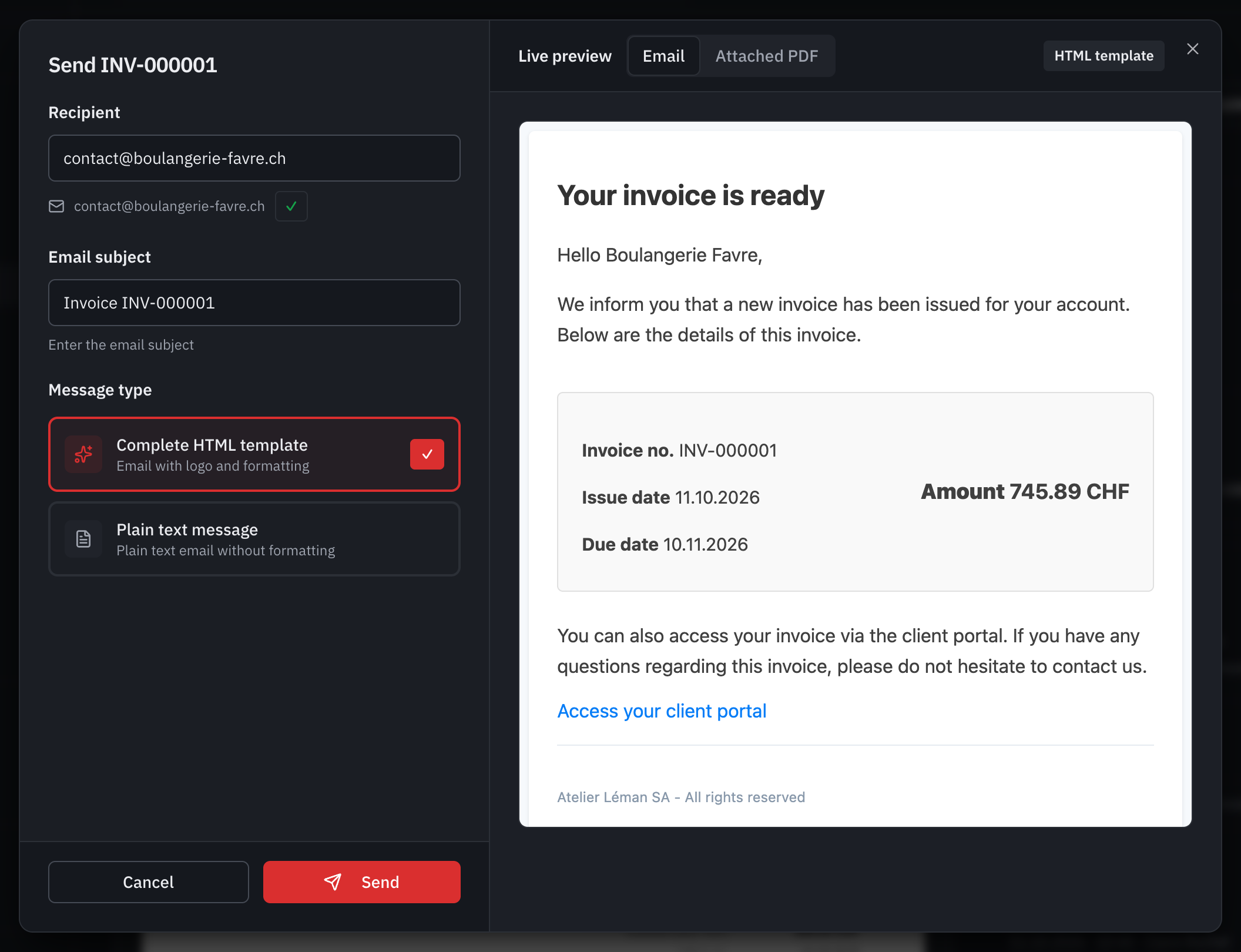 The sending window: the recipient, the other contacts, the subject, the message type and the preview of the email with the link to the client portal.
