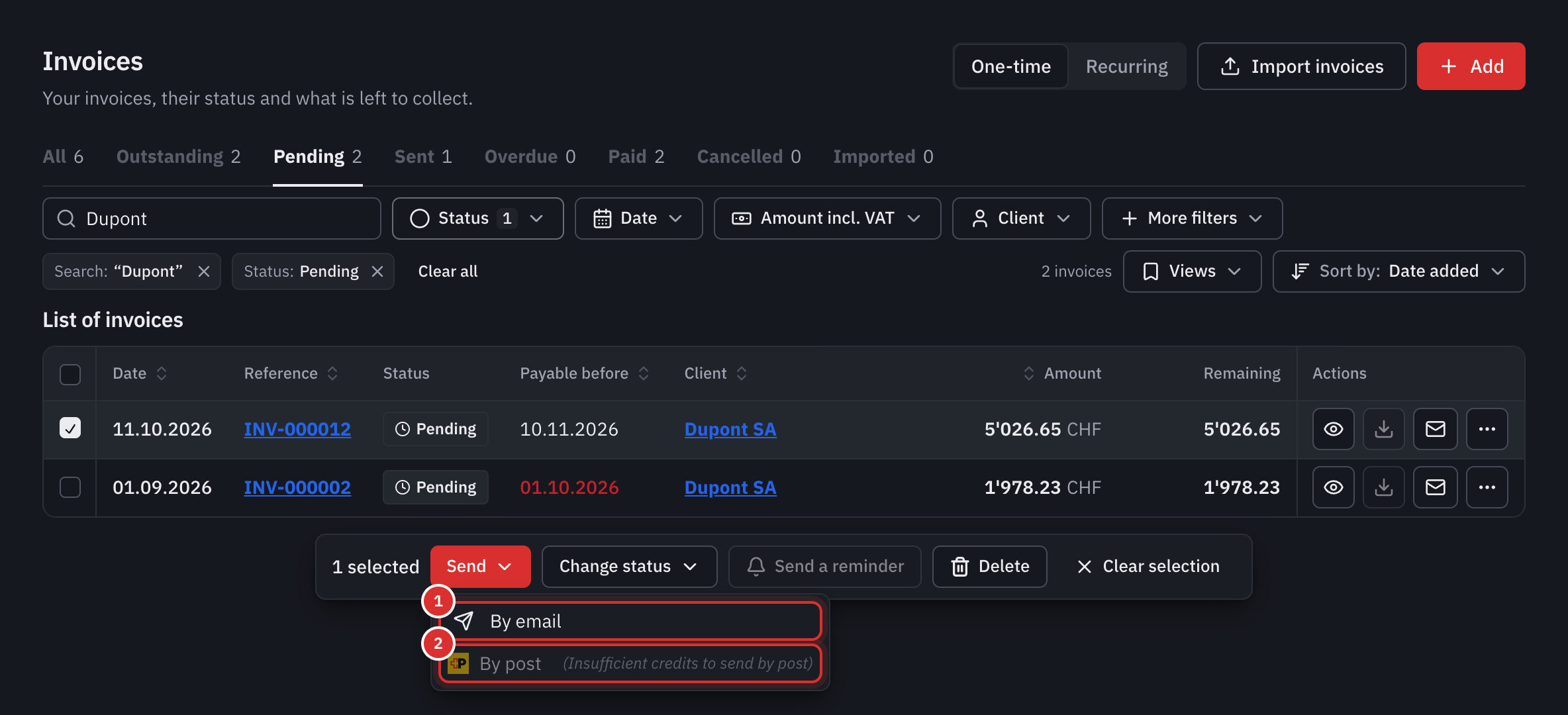 The invoice list with one invoice ticked and the Send menu open: By email and By post.