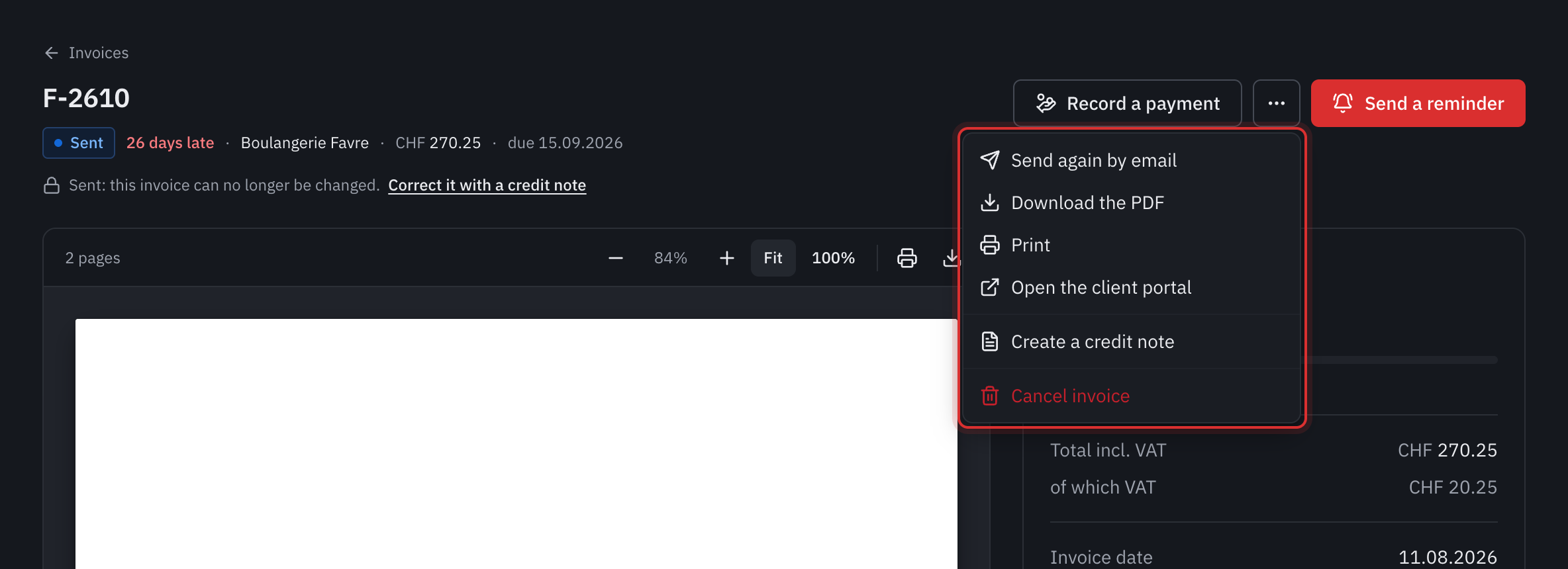 The More actions menu of a sent invoice: Send again by email, Download the PDF, Print, Open the client portal, Create a credit note and Cancel invoice.