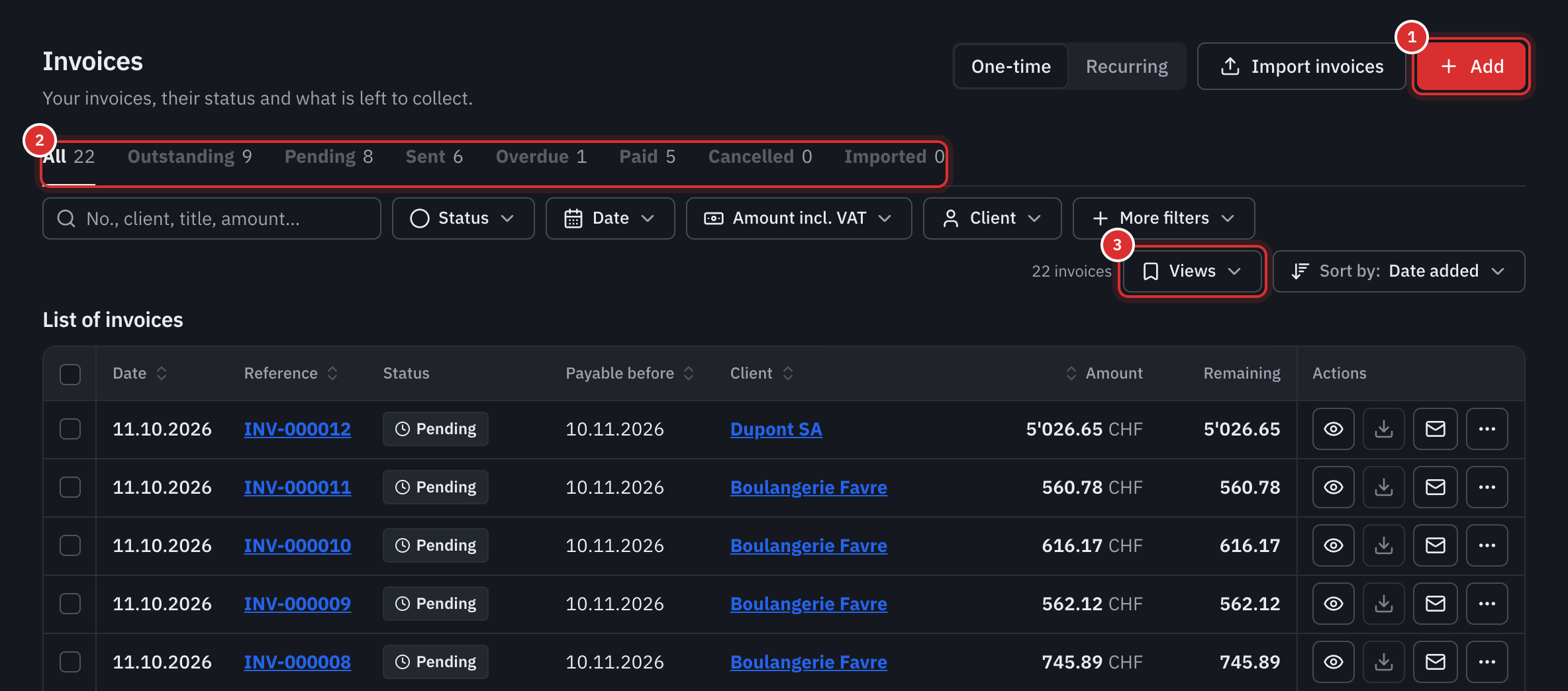 The invoice list: the Add button, the tabs by status, the filter bar and the table with the date, reference, status, due date, client, amount and amount remaining.