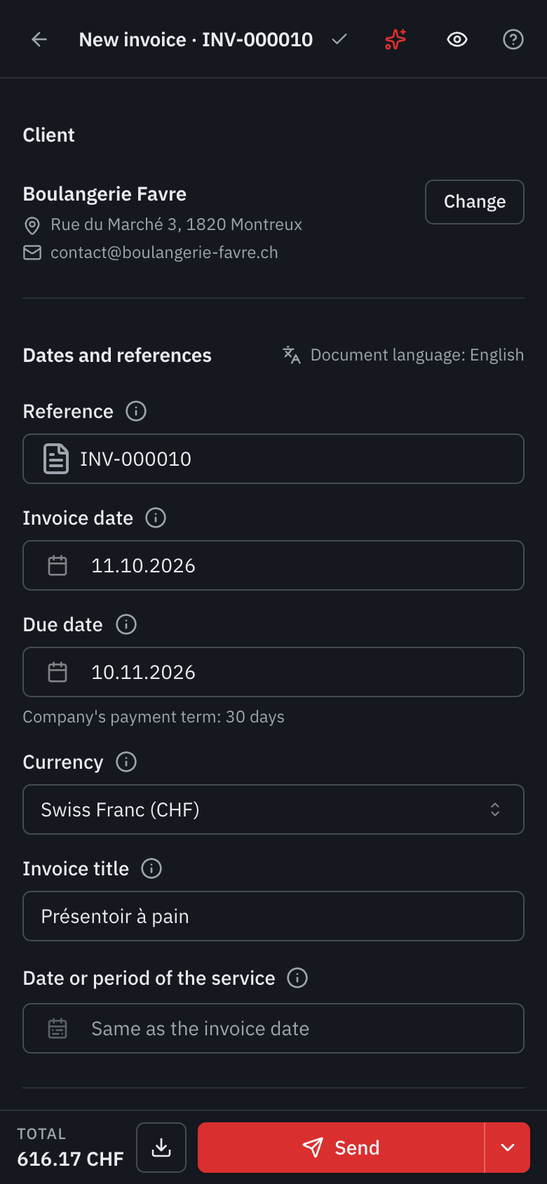 The editor on a phone: the client and the dates in one column, the preview eye at the top, and at the bottom the total, the download and the Send button.