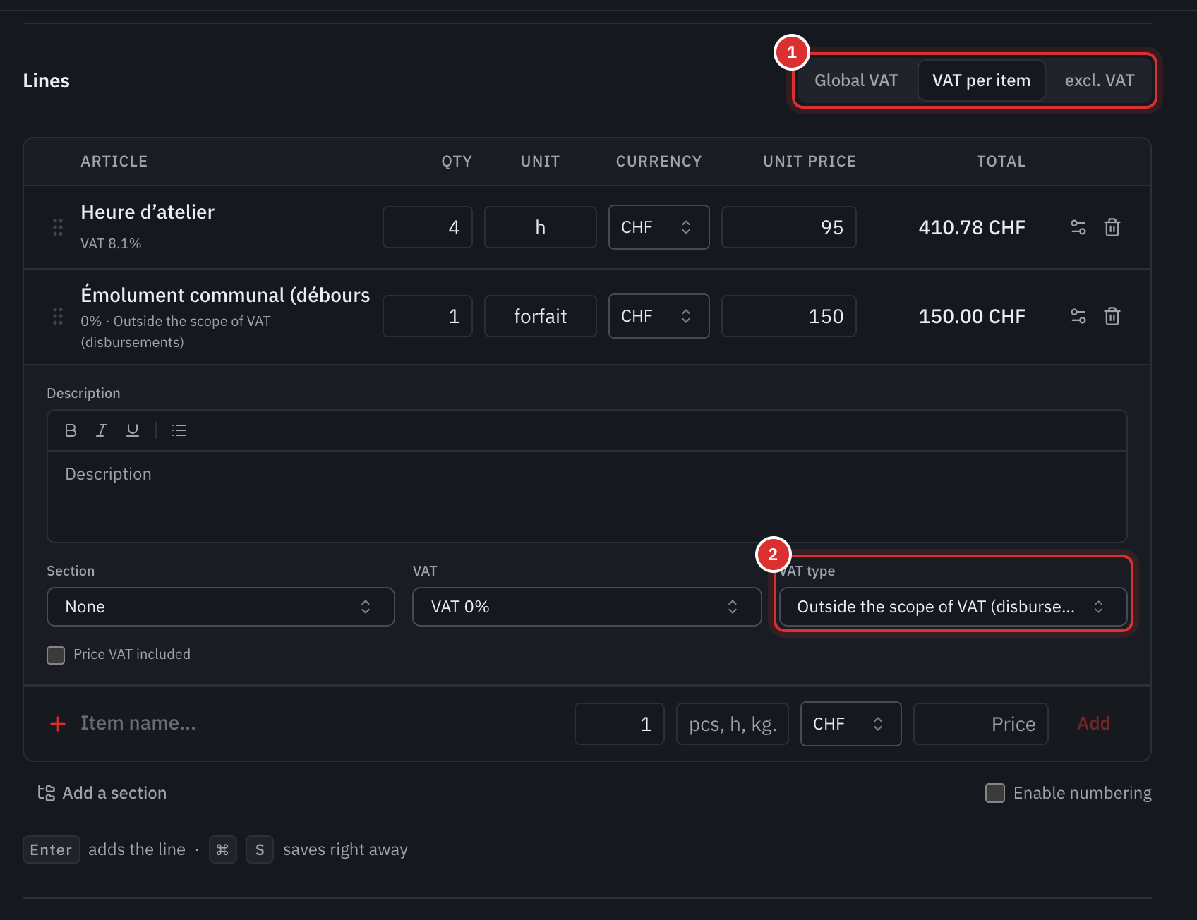 A line at 0% opened: the VAT rate and the VAT type Outside the scope of VAT (disbursements).