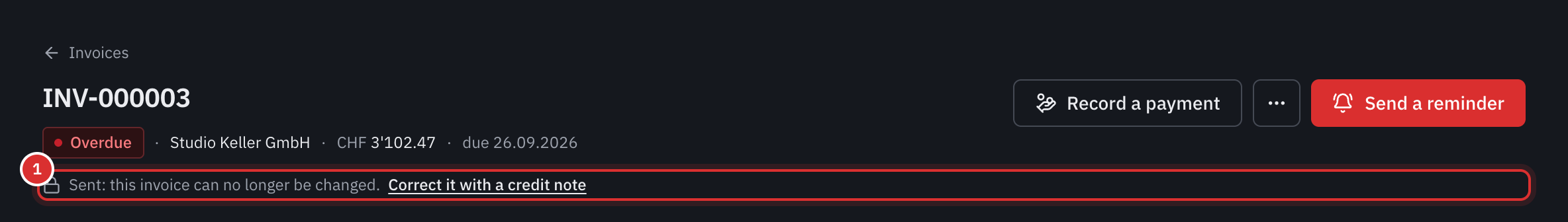 The header of an overdue invoice, with the message Sent: this invoice can no longer be changed and the link Correct it with a credit note.