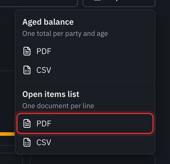The Export menu: Aged balance as PDF or CSV, Open items list as PDF or CSV.