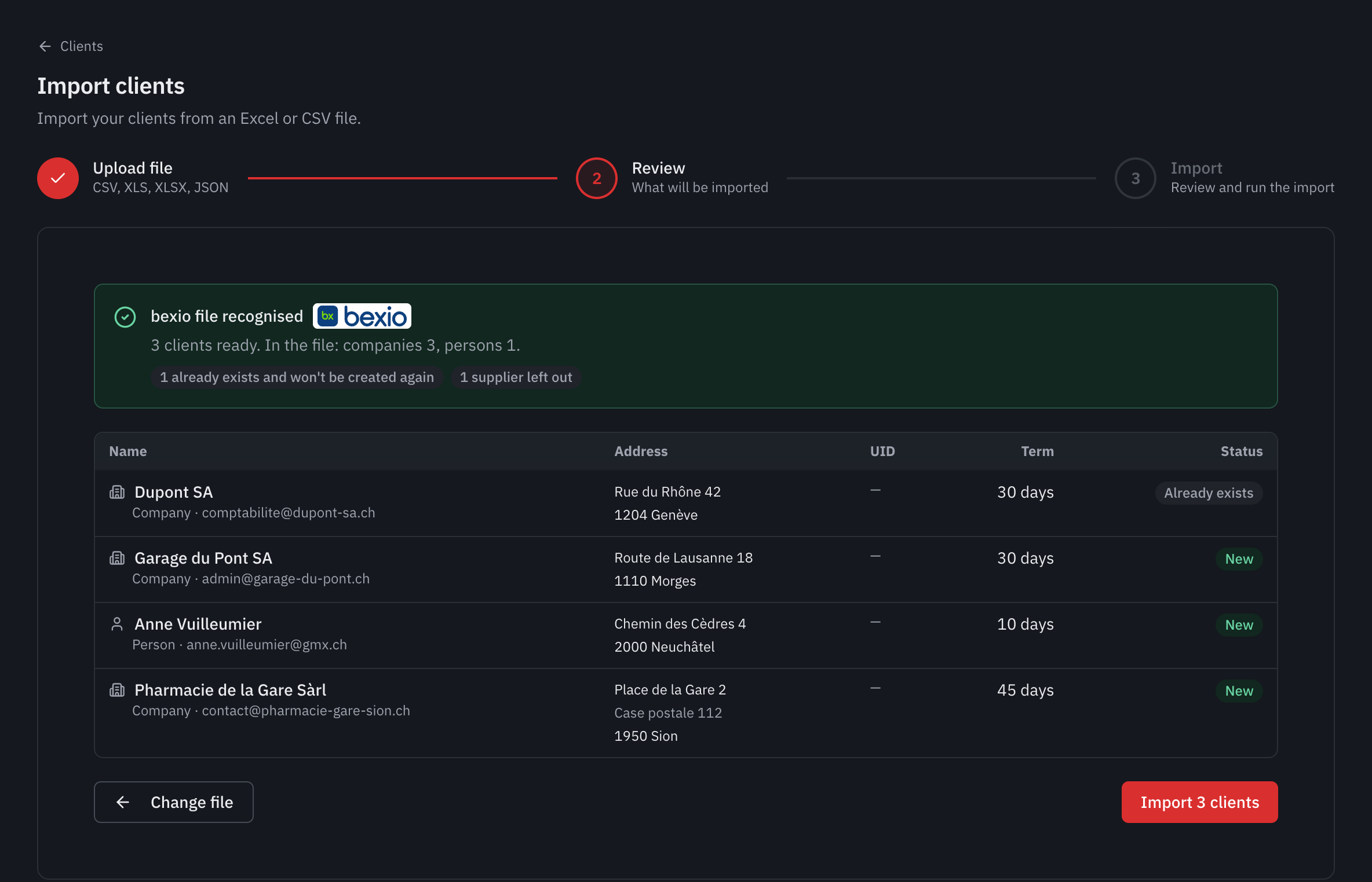 The import preview of a bexio contacts export: file recognised, one existing client, one supplier left aside, and three new clients with their address and payment terms.