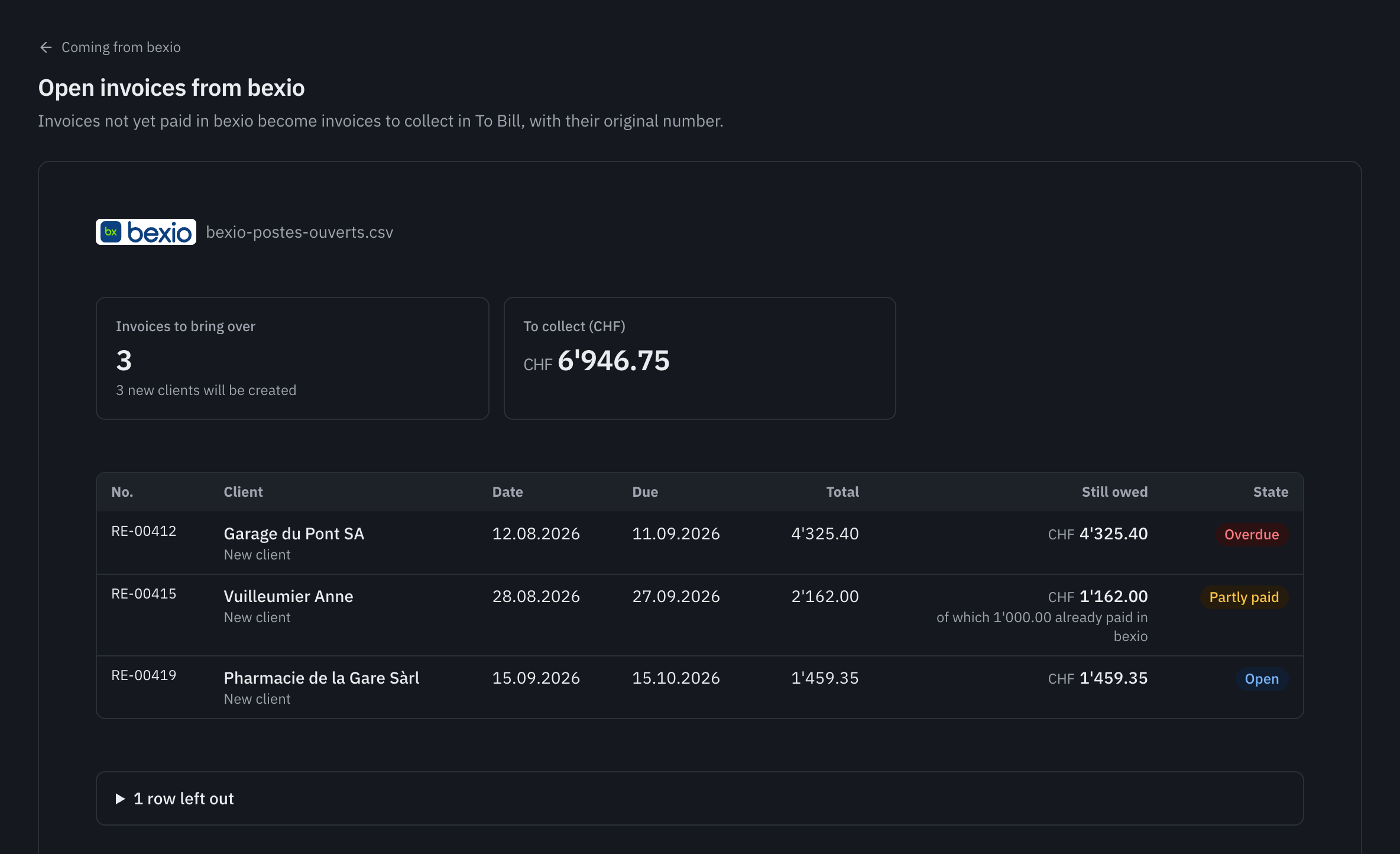 The preview of the open invoices from bexio: three invoices to bring over with their client, dates, total, amount still owed and state, one of them partly paid.