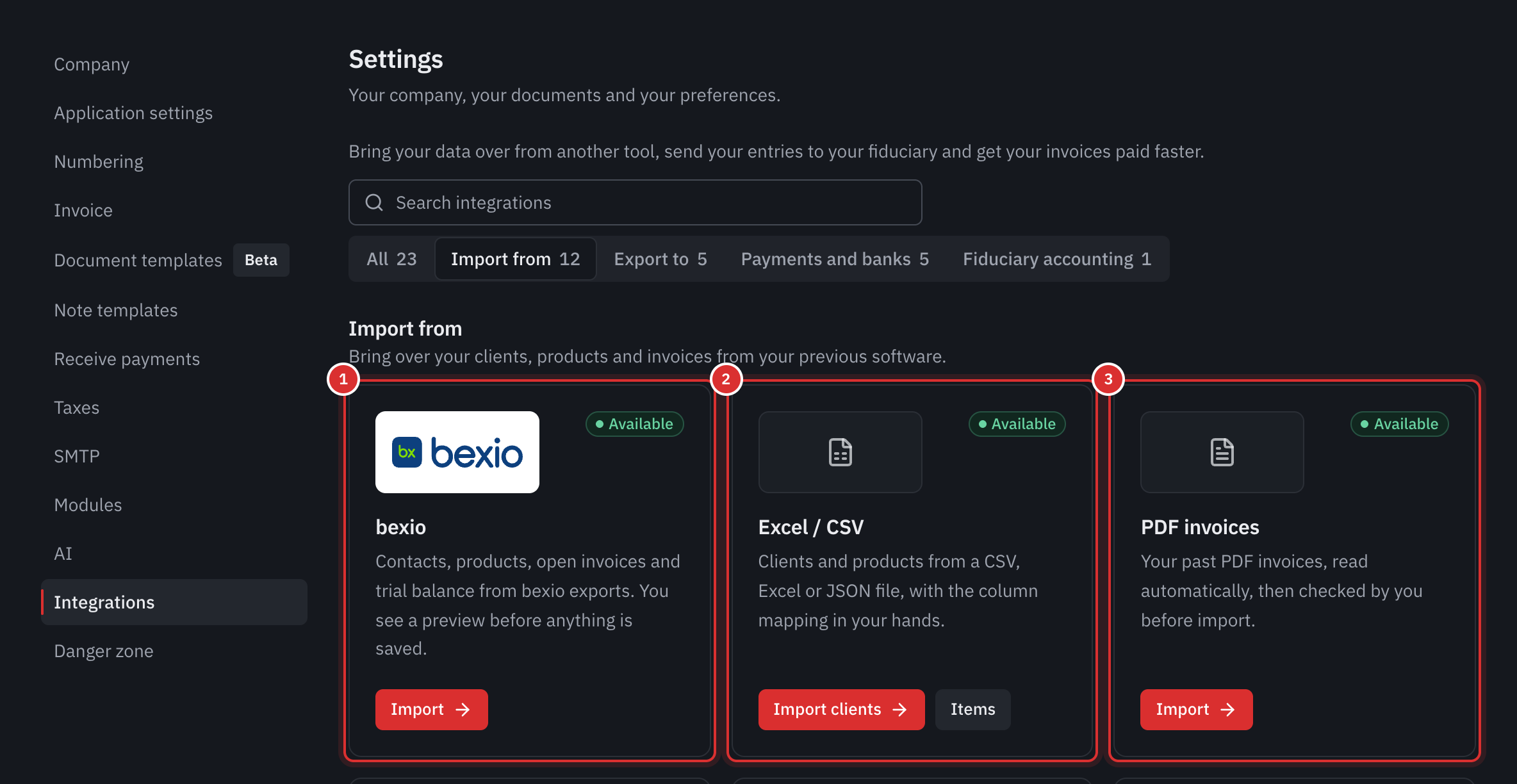 Settings, Integrations, Import from category: the bexio, Excel / CSV and PDF invoices cards, available.
