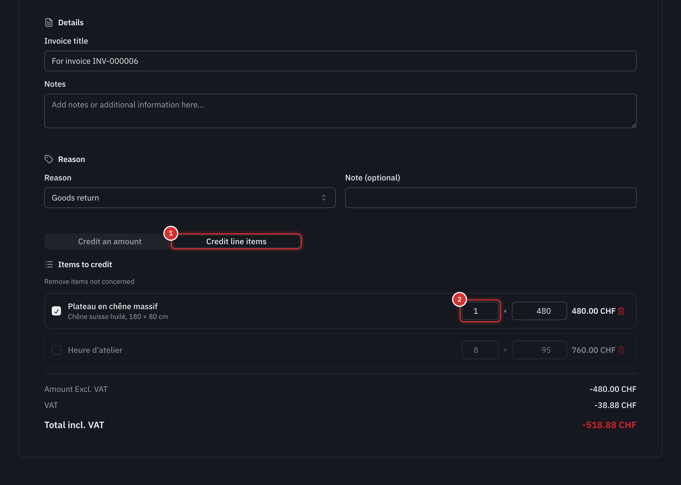 The Credit line items tab: one tray out of two credited, the hours line unticked, and the totals excl. VAT, VAT and incl. VAT shown as negative amounts.