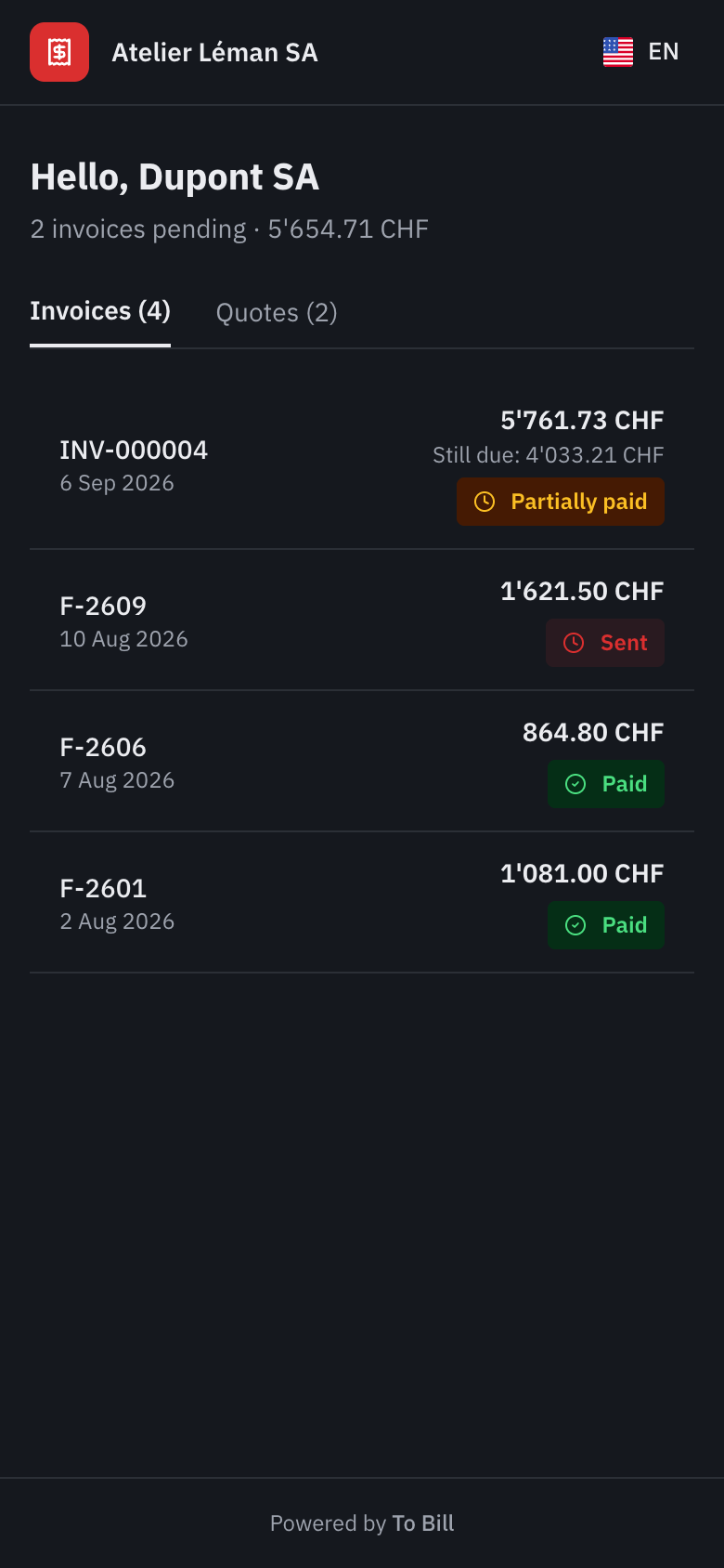 The client portal on a phone, with the list of invoices.